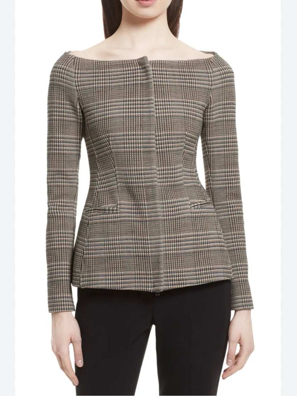 Theory Hadfield Plaid Off-Shoulder Structured Women's Jacket - Brown Black Cream
